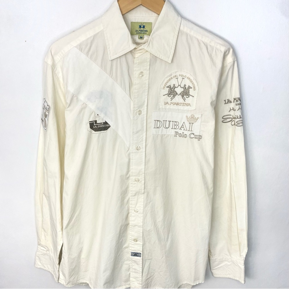 La Martina Dubai Polo Team Off White Long Sleeve Button Down Polo Shirt Medium